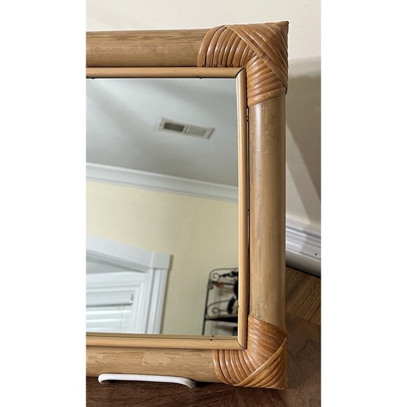 VTG MCM Rattan Bamboo Mirror Vintage Rectangular 12.5x10in Boho Beach Coastal - Picture 2 of 9